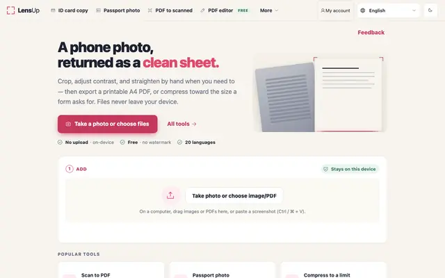 Screenshot of LensUp — Free online document scanner (photo → PDF)