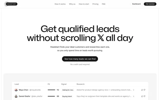 Screenshot of Headstart — Get qualified leads without scrolling X all day