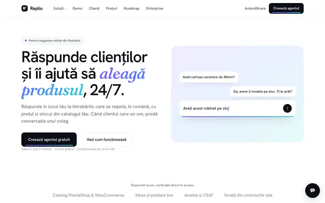 Screenshot of Replio — Agenți AI de suport în limba română