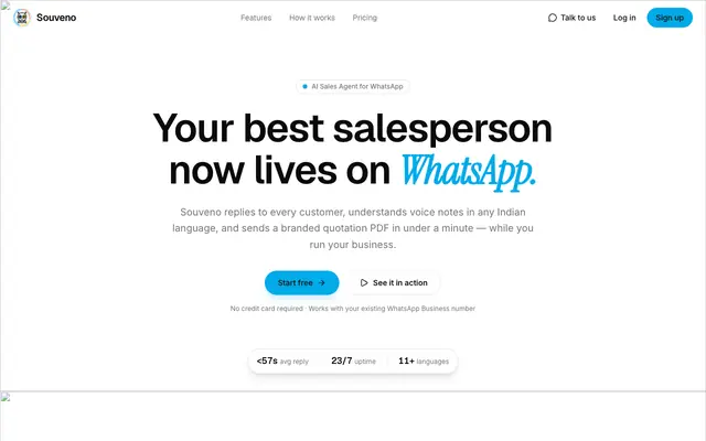 Screenshot of Souveno AI — Your best salesperson now lives on WhatsApp