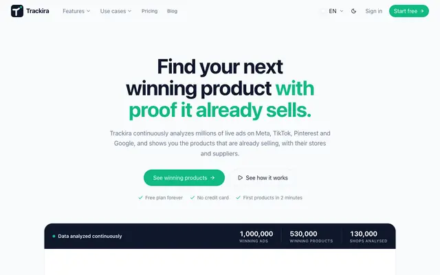 Screenshot of Trackira — AI Agents for Ecommerce Product Research & Shopify