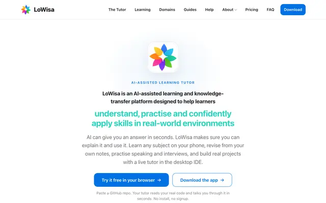 Screenshot of LoWisa: the IDE with a live AI tutor that teaches you to own your code