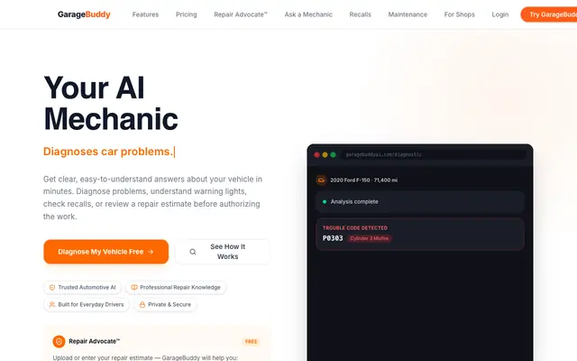 Screenshot of GarageBuddy AI — AI-Powered Car Diagnostic Assistant