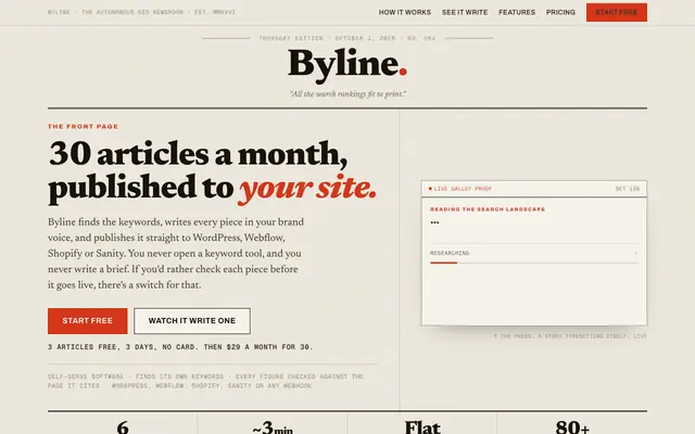 Screenshot of Byline: The Autonomous SEO Newsroom
