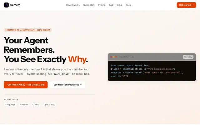 Screenshot of Remem — Persistent Memory API for AI Agents