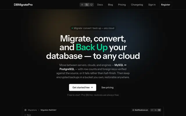 Screenshot of Migrate, Convert & Back Up Any Database — MySQL, PostgreSQL — DBMigratePro