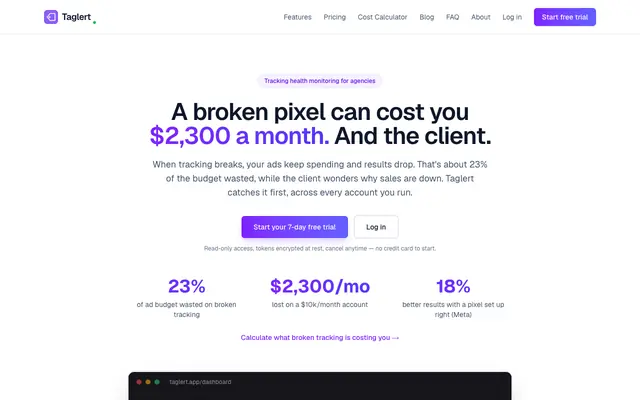 Screenshot of Taglert — Know the second your tracking breaks