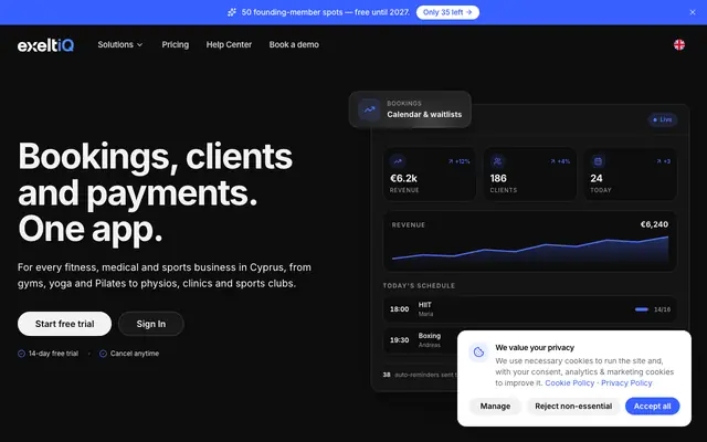 Screenshot of Exeltiq — CRM for Gyms, Clinics & Sports Clubs in Cyprus