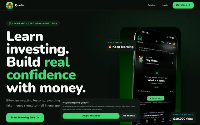 Screenshot of Quoliv · Learn investing, zero risk