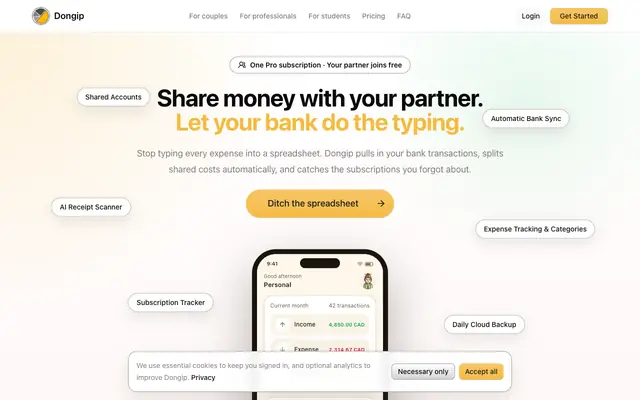 Screenshot of Shared Accounts, Auto Bank Sync, and Expense Tracking | Dongip