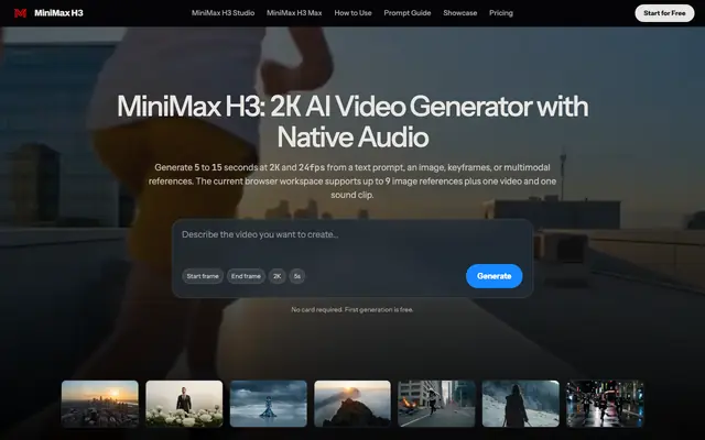 Screenshot of MiniMax H3: Free 2K AI Video Generator with Native Audio