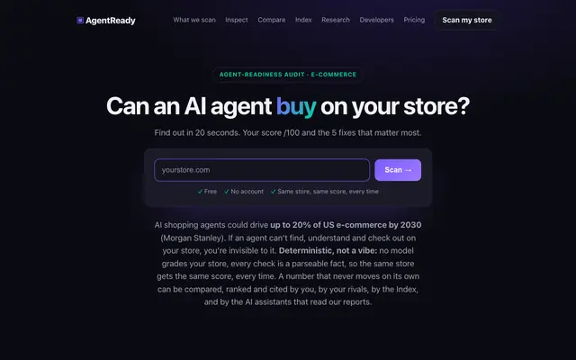 Screenshot of AgentReady — is your store ready for AI agents?