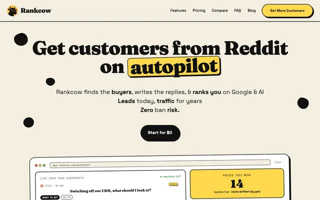 Screenshot of Rankcow: Turn Reddit Into Your Cash Cow. Zero Ban Risk.