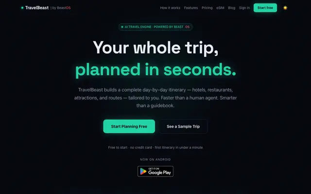 Screenshot of TravelBeast — AI Travel Planner | Your whole trip, planned in seconds