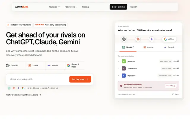 Screenshot of AI Visibility Monitoring: Win Buyer Prompts | watchLLMs