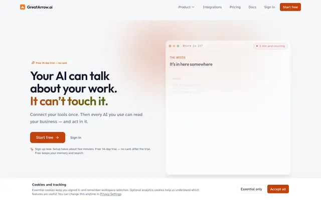 Screenshot of Give your AI the keys to your actual business | GreatArrow.ai