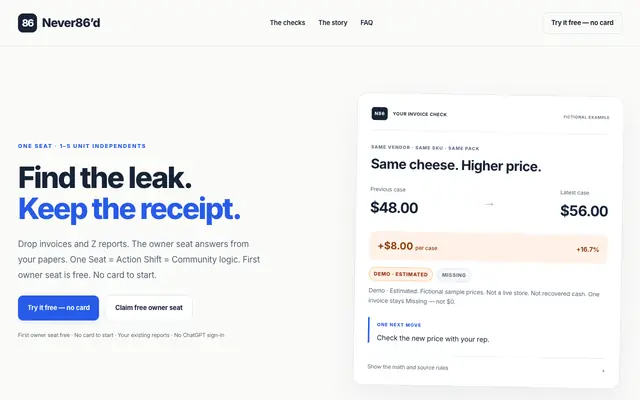 Screenshot of Never86’d | Restaurant Delivery Fee & Payout Audit