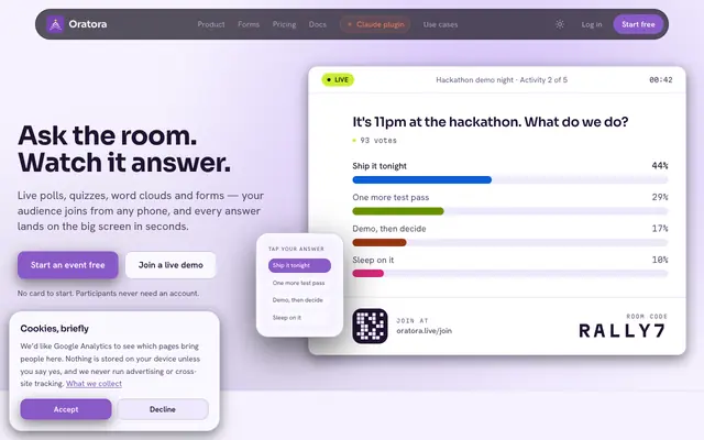 Screenshot of Oratora — live audience engagement & async forms