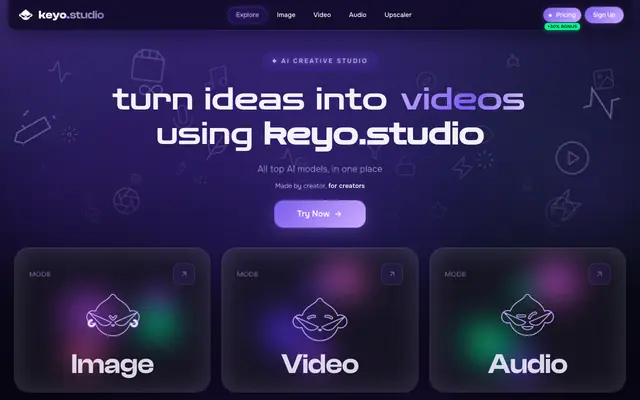 Screenshot of Keyo Studio — AI Image, Video & Audio Generator | All Top AI Models