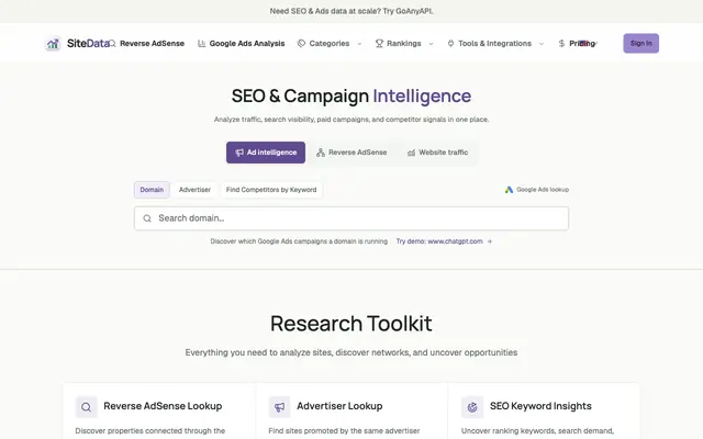 Screenshot of SiteData: Website Intelligence for SEO, Ads & Traffic Research
