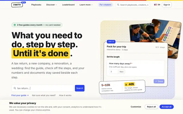 Screenshot of Finito — the exact plan, step by step