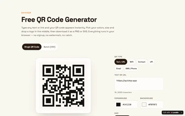 Screenshot of Free QR Code Generator — No Signup, Custom Colors & Logo | QuickQR