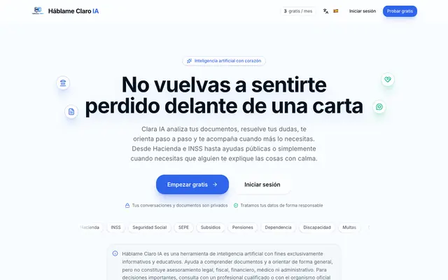 Screenshot of Entiende ayudas, prestaciones y trámites | Háblame Claro