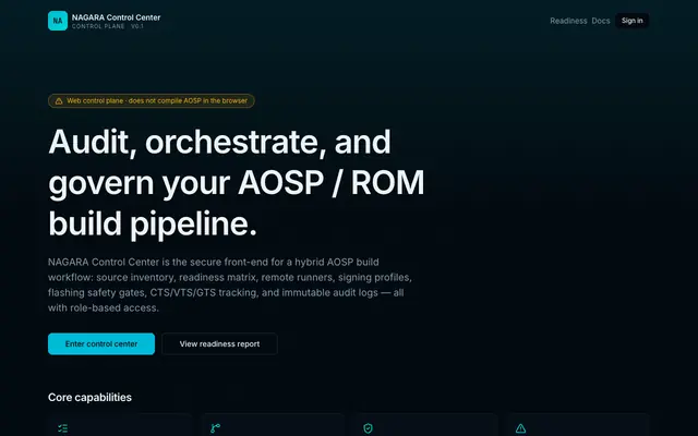 Screenshot of NAGARA Control Center — AOSP ROM Build Control Plane
