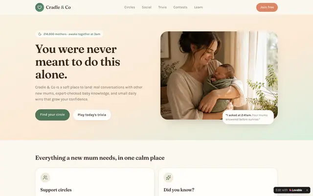 Screenshot of Cradle & Co — A Warm Community for New Mothers