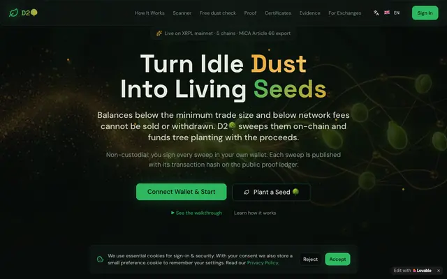 Screenshot of D2🌳 — Turn Idle Crypto Dust Into Real Trees