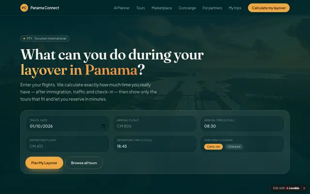 Screenshot of Panama Connect — Layover tours & planner for PTY
