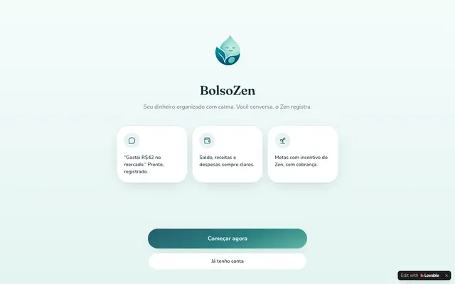 Screenshot of BolsoZen — controle financeiro por conversa