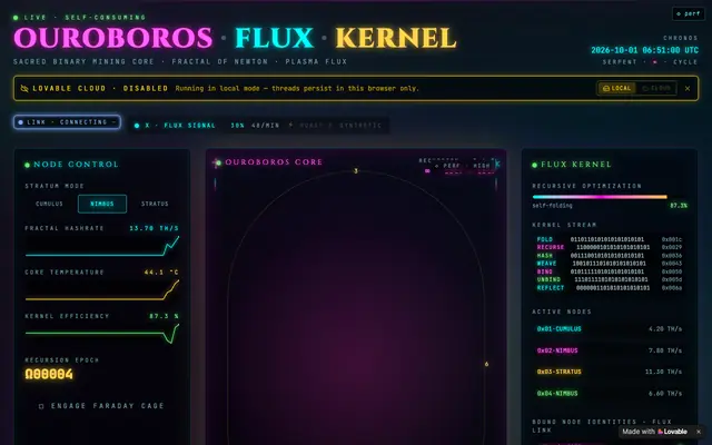 Screenshot of Ouroboros Flux Kernel — Sacred Binary Mining Core