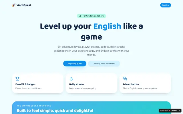 Screenshot of WordQuest — Gamified English Learning for Students