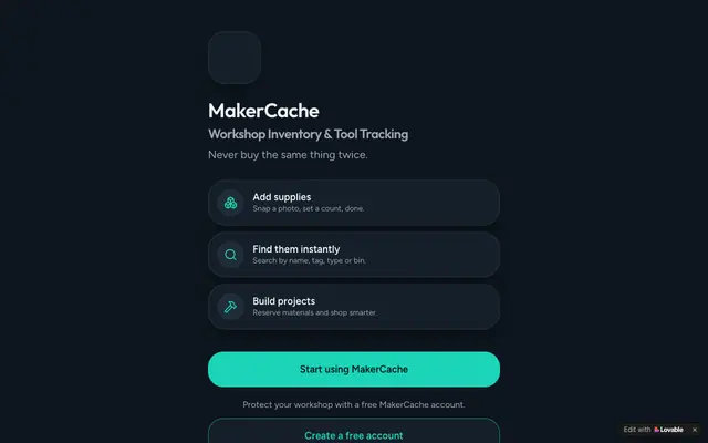 Screenshot of MakerCache — Never buy the same thing twice