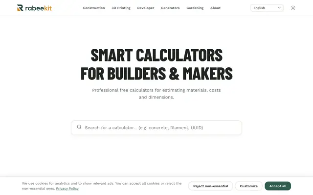 Screenshot of Rabeekit — Smart Calculators for Builders & Makers