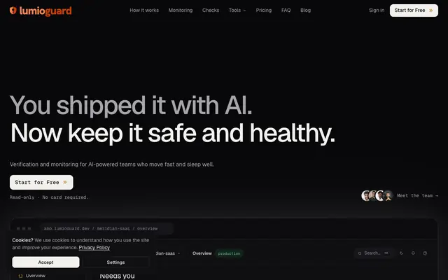 Screenshot of lumioguard · Stack health scans and fixes for AI-built apps