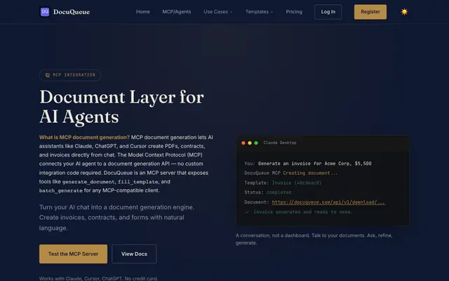 Screenshot of The Deterministic Document Layer for AI Agents | DocuQueue MCP