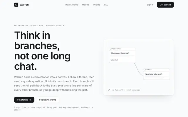 Screenshot of Warren — think in branches, not one long chat