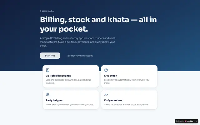 Screenshot of BahiKhata — GST Billing & Inventory for Small Business