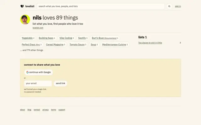 Screenshot of nils · lovelisti