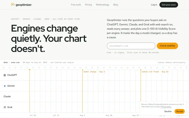Screenshot of Geoptimizer — GEO Optimization Tool · Real-Time AI Visibility Score