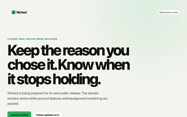 Screenshot of Niched: Know when your software choice stops holding