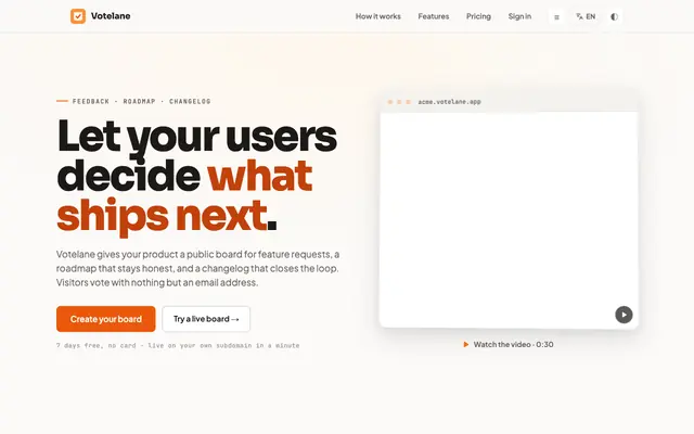 Screenshot of Votelane - feedback boards your users actually use