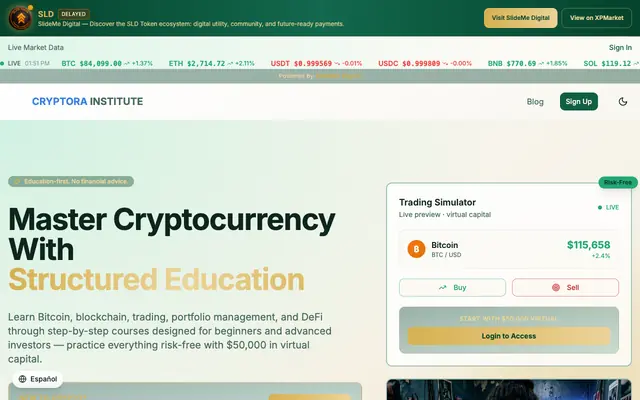 Screenshot of Cryptora Institute — Learn Cryptocurrency Trading & Blockchain