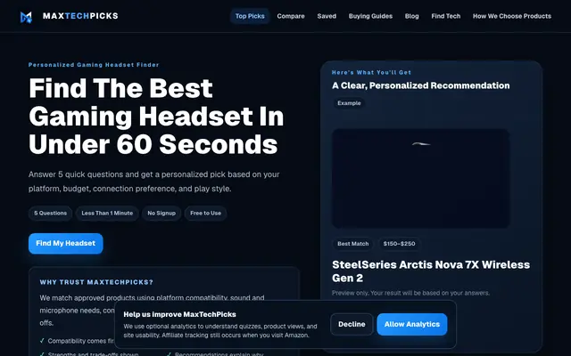 Screenshot of Find Your Gaming Headsets Quiz | MaxTechPicks | MaxTechPicks