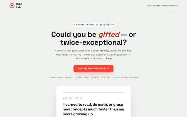 Screenshot of Giftedness / Twice-Exceptional (2e) Self-Check — Free 2-Minute Test, Results by