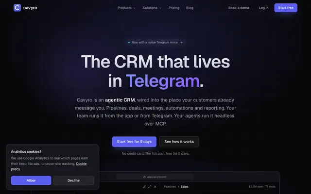 Screenshot of Agentic Telegram CRM for Sales Teams · Cavyro