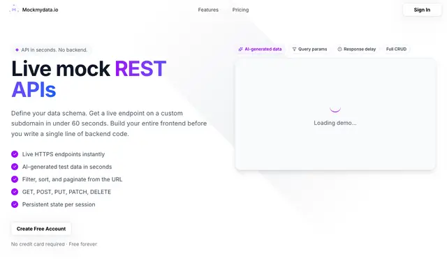 Screenshot of MockMyData — Mock API Generator with AI Test Data
