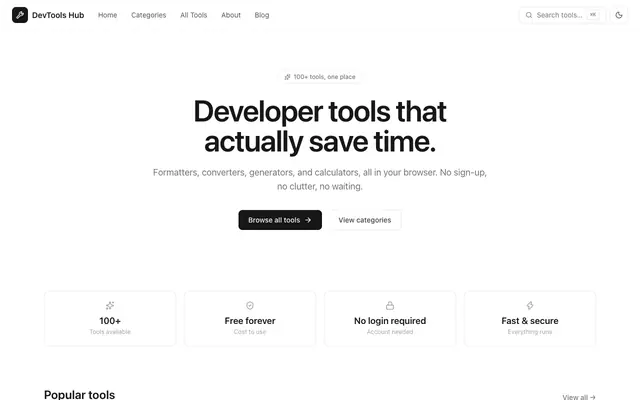 Screenshot of DevTools Hub — 100+ Free Developer Tools